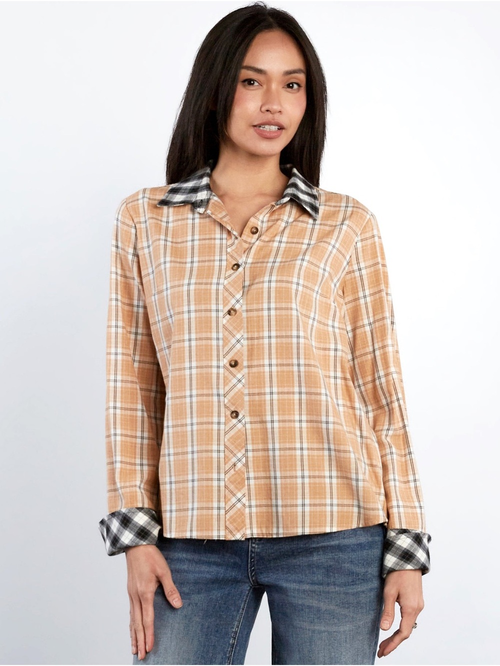 BILLY T / Plaid Button-Front Shirt - Tan/Black/ S /NWT / PTP-20”